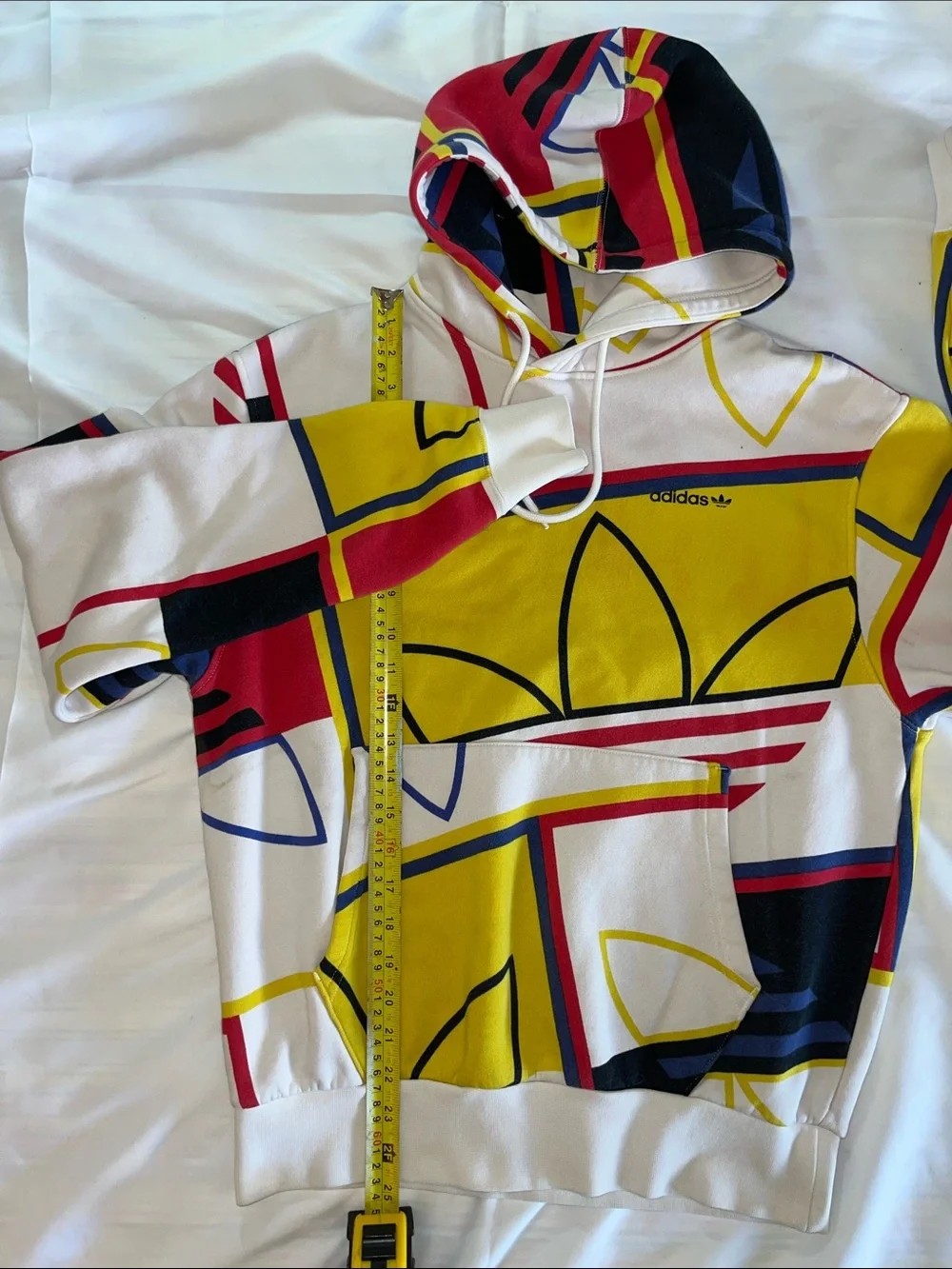 adidas Multi-Color Trefoil Graphic Hoodie - White, Yellow, Red, Navy 20” P2P